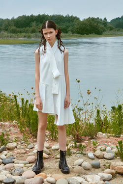 A-SHAPE JACQUARD DRESS WITH NECKTIE - BLANCORE