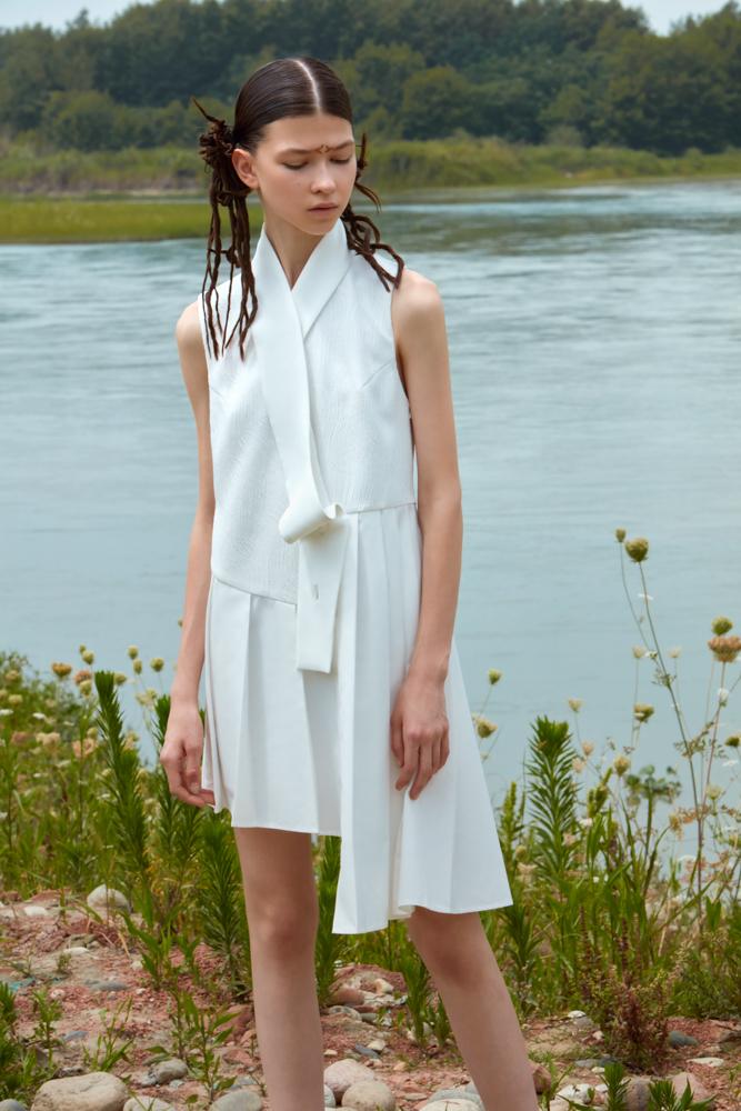 A-SHAPE JACQUARD DRESS WITH NECKTIE - BLANCORE