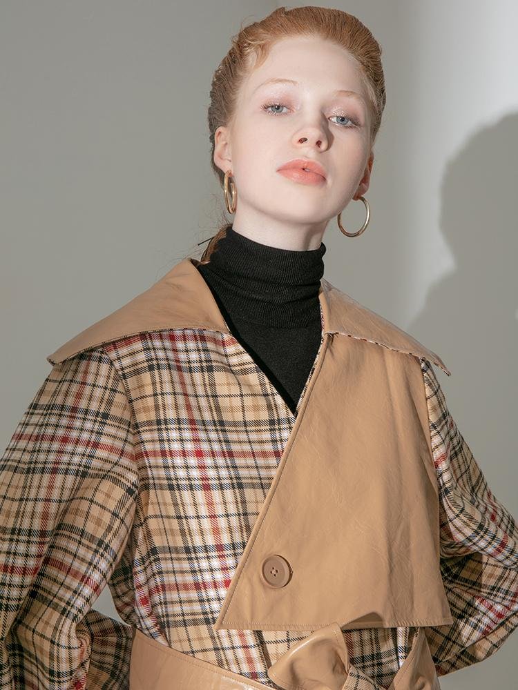 Asymmetric Leather Panel Trench Coat - BLANCORE