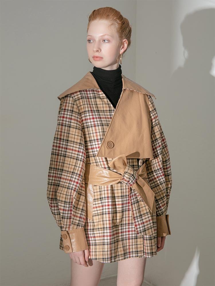Asymmetric Leather Panel Trench Coat - BLANCORE
