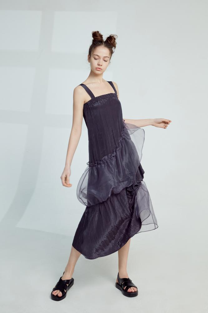 Asymmetric Mesh Panel Slip Dress - BLANCORE