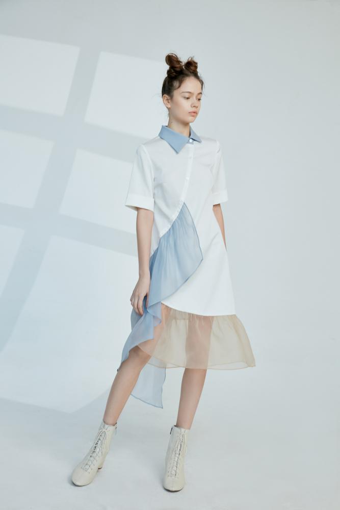 Asymmetrical Color Block Dress With Ruffle Sleeve - BLANCORE