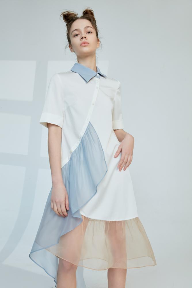 Asymmetrical Color Block Dress With Ruffle Sleeve - BLANCORE