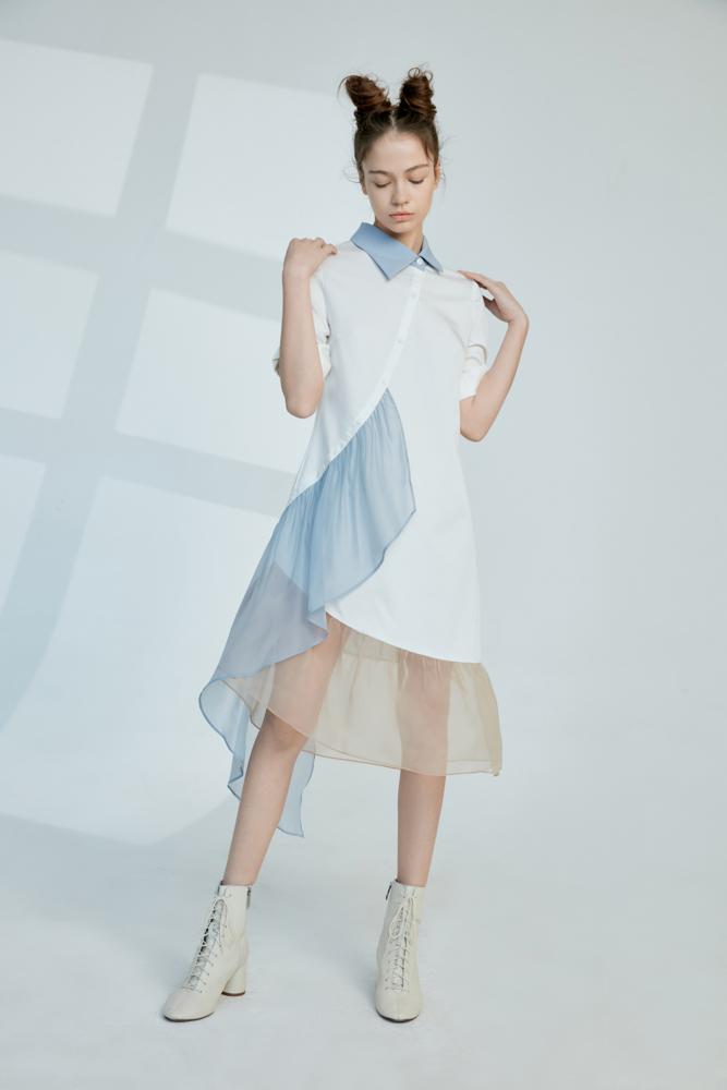 Asymmetrical Color Block Dress With Ruffle Sleeve - BLANCORE