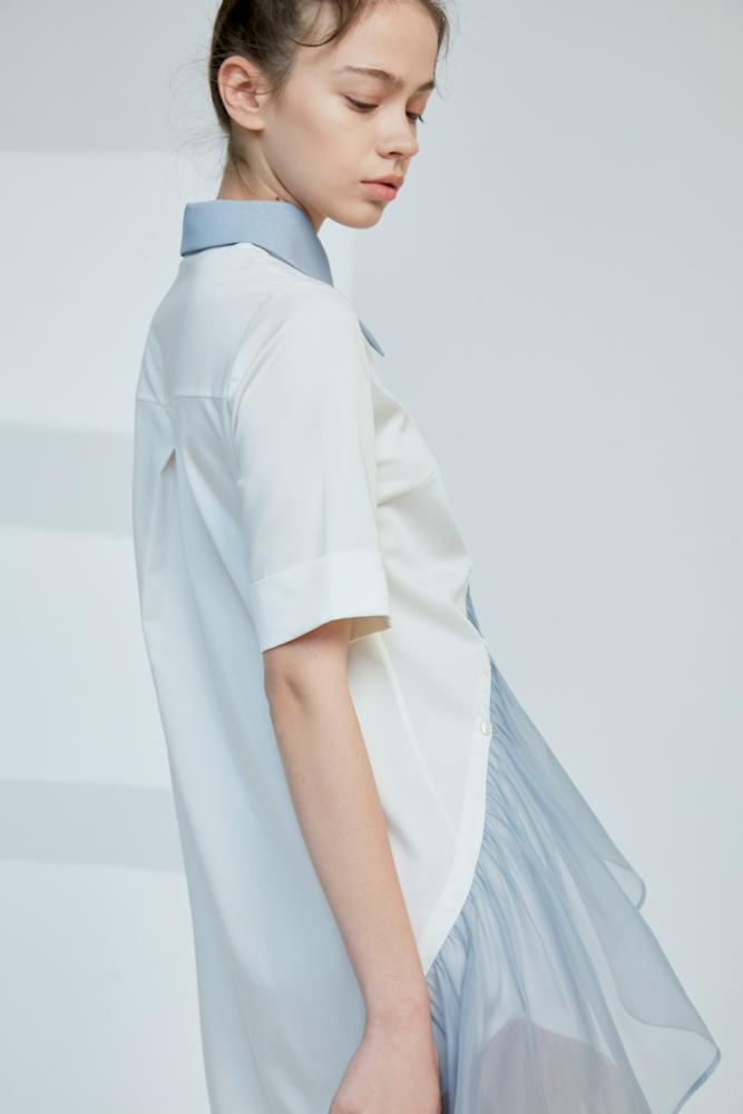 Asymmetrical Color Block Dress With Ruffle Sleeve - BLANCORE