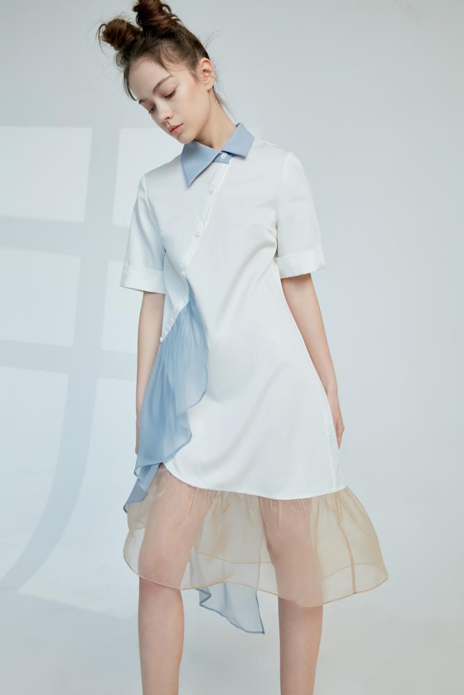 Asymmetrical Color Block Dress With Ruffle Sleeve - BLANCORE
