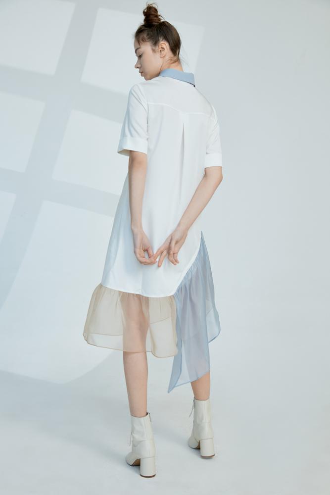 Asymmetrical Color Block Dress With Ruffle Sleeve - BLANCORE