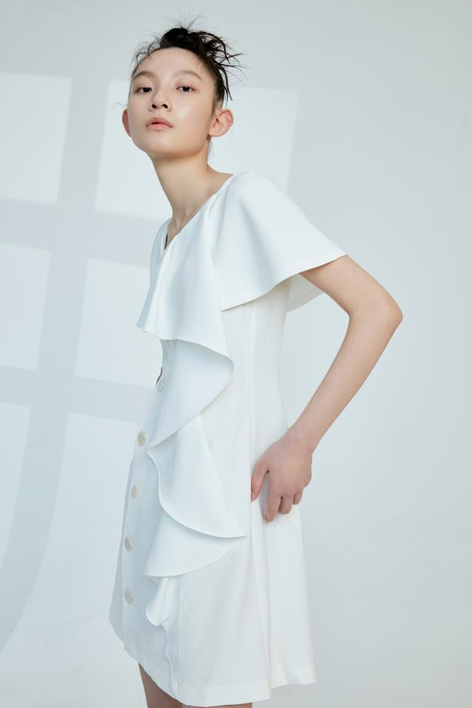 Cape Dress with Ruffle Detail - BLANCORE