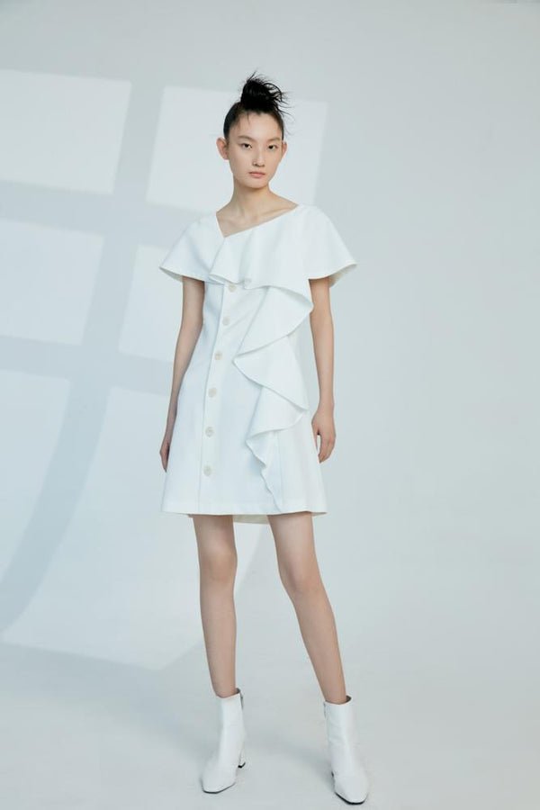 Cape Dress with Ruffle Detail - BLANCORE