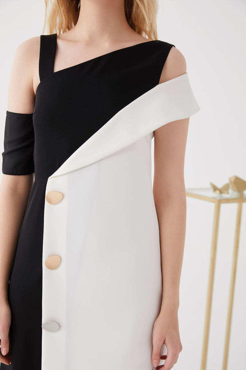 Color Block Dress with Button Details - BLANCORE