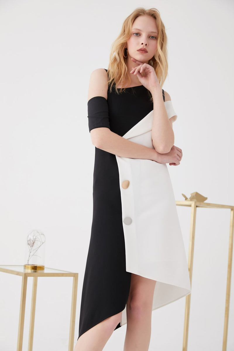 Color Block Dress with Button Details - BLANCORE