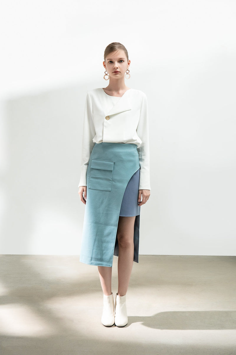 Color Block Panel Split Leather Skirt - BLANCORE