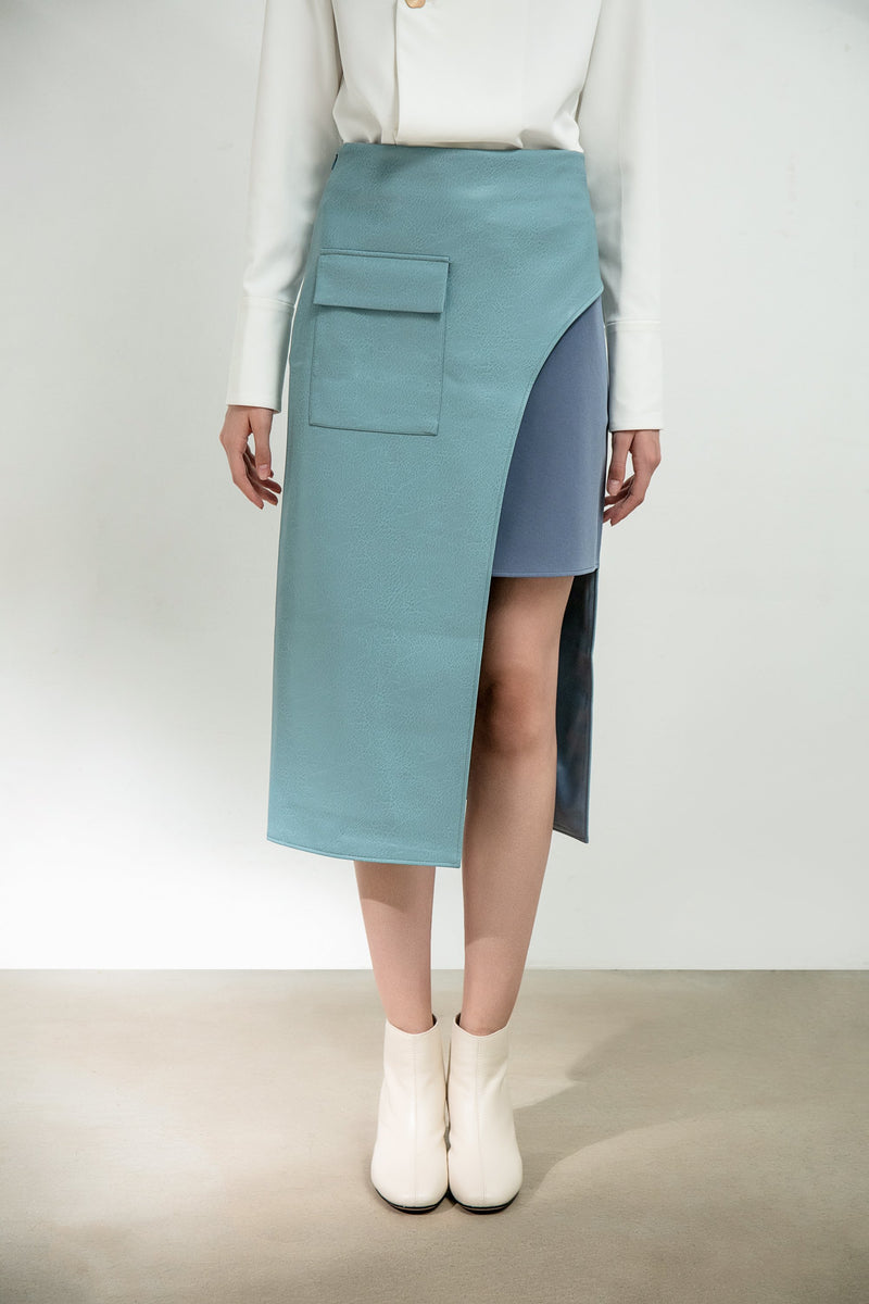 Color Block Panel Split Leather Skirt - BLANCORE