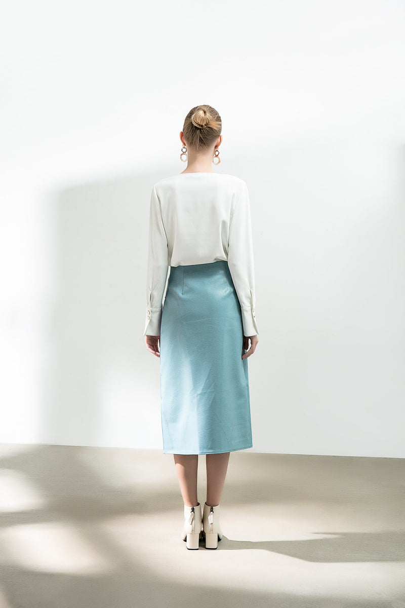 Color Block Panel Split Leather Skirt - BLANCORE