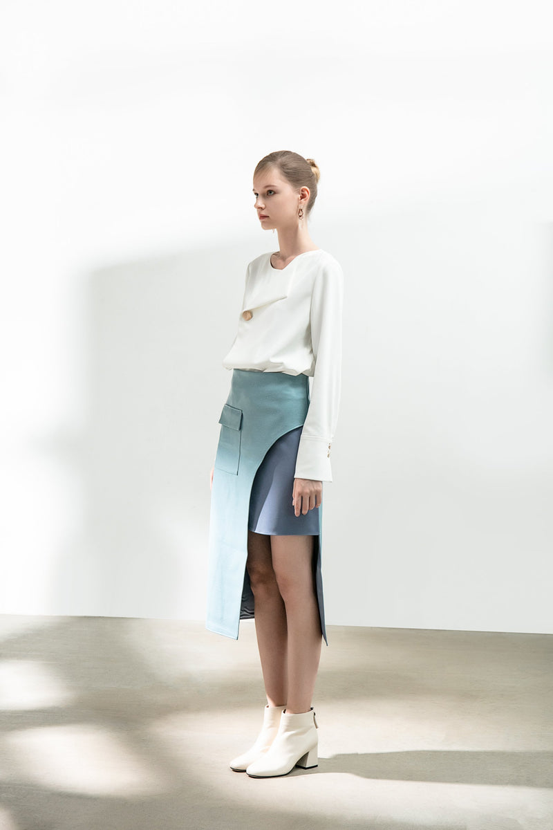 Color Block Panel Split Leather Skirt - BLANCORE