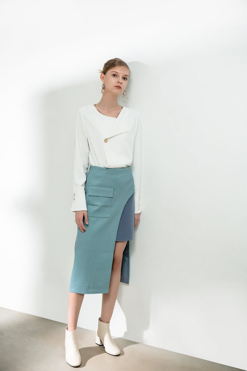 Color Block Panel Split Leather Skirt - BLANCORE