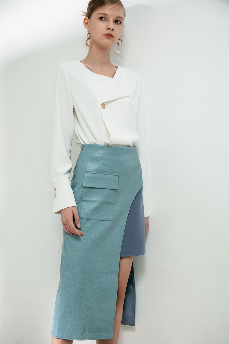 Color Block Panel Split Leather Skirt - BLANCORE