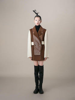 Color Block Wool Blazer With Leather Panel - BLANCORE