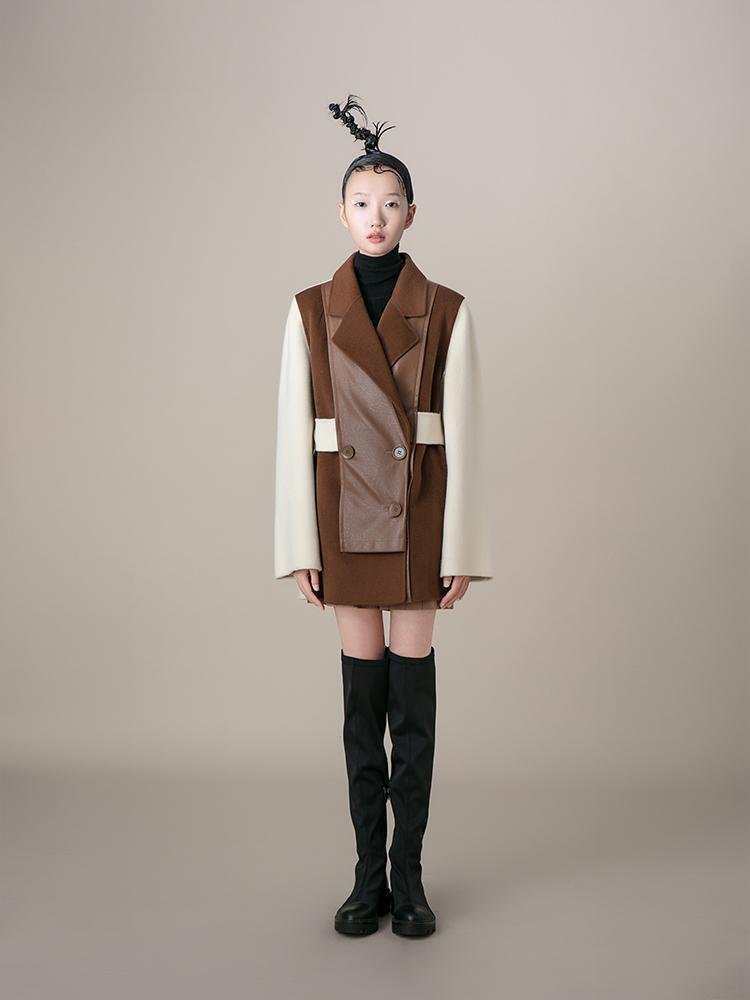 Color Block Wool Blazer With Leather Panel - BLANCORE