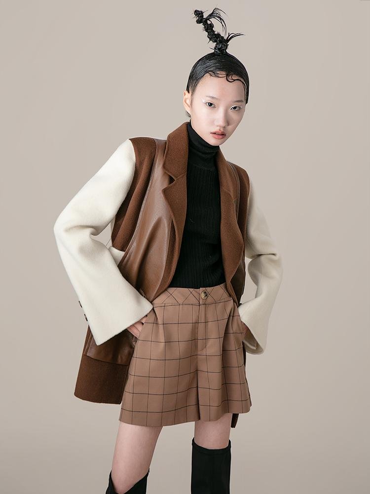 Color Block Wool Blazer With Leather Panel - BLANCORE
