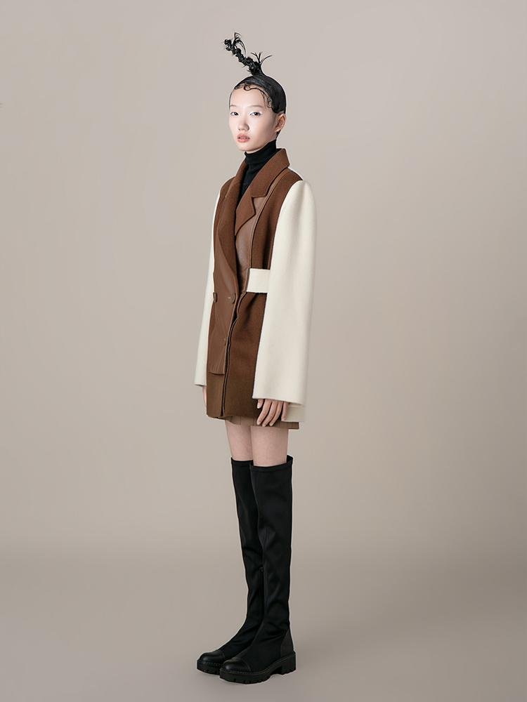 Color Block Wool Blazer With Leather Panel - BLANCORE