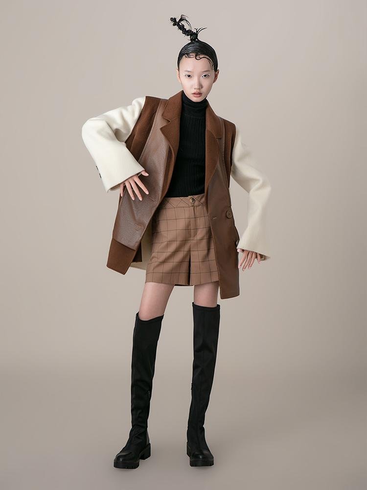 Color Block Wool Blazer With Leather Panel - BLANCORE