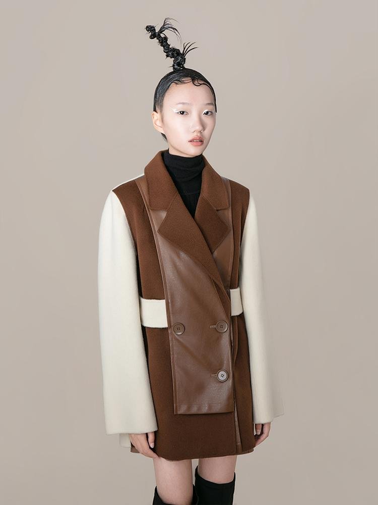 Color Block Wool Blazer With Leather Panel - BLANCORE