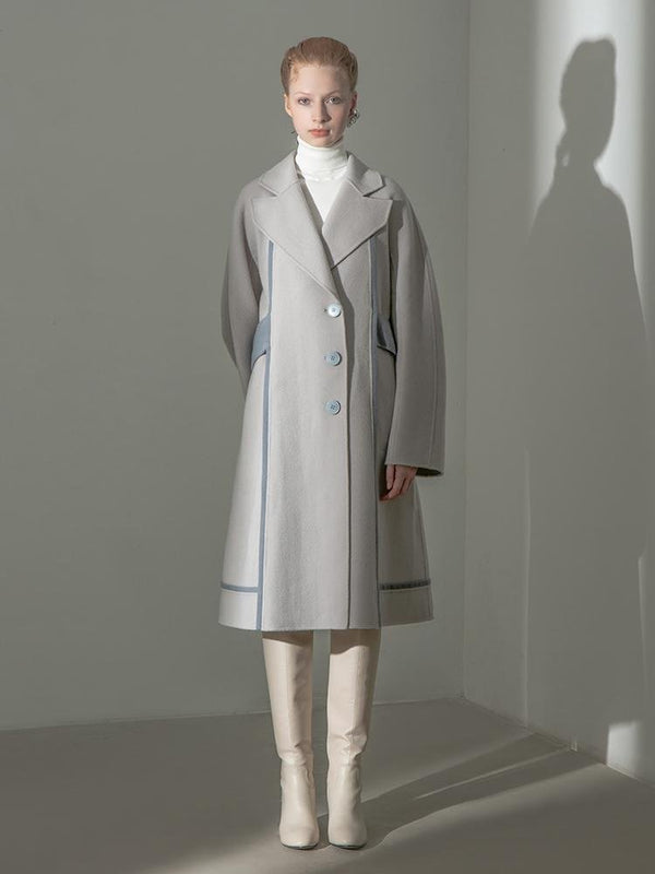 Color Block Wool Coat With Belt - BLANCORE