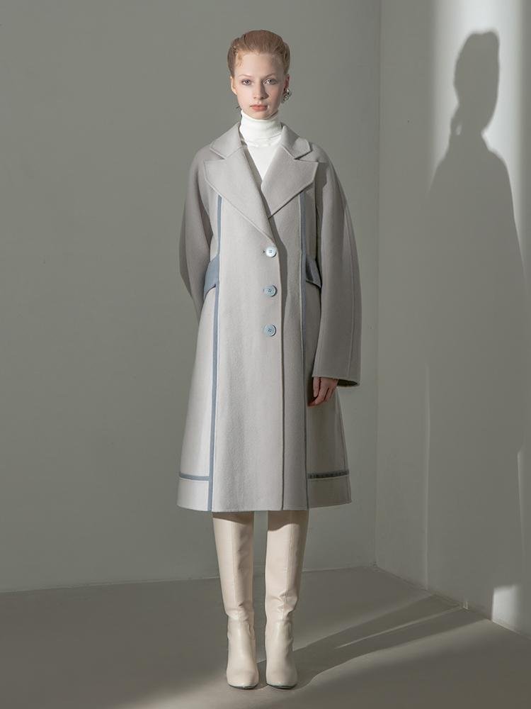 Color Block Wool Coat With Belt - BLANCORE
