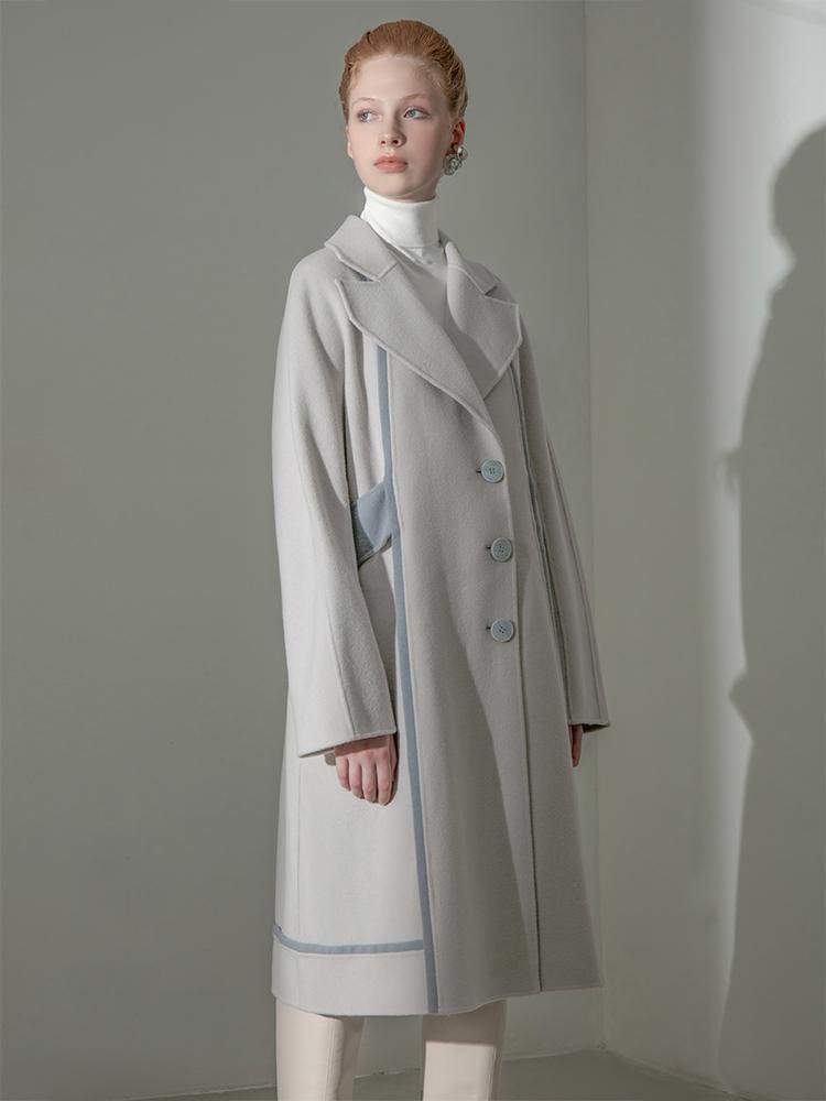 Color Block Wool Coat With Belt - BLANCORE