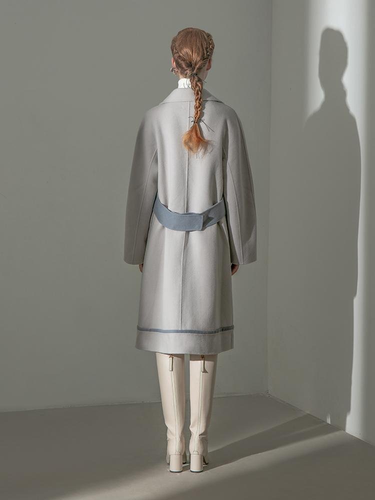 Color Block Wool Coat With Belt - BLANCORE