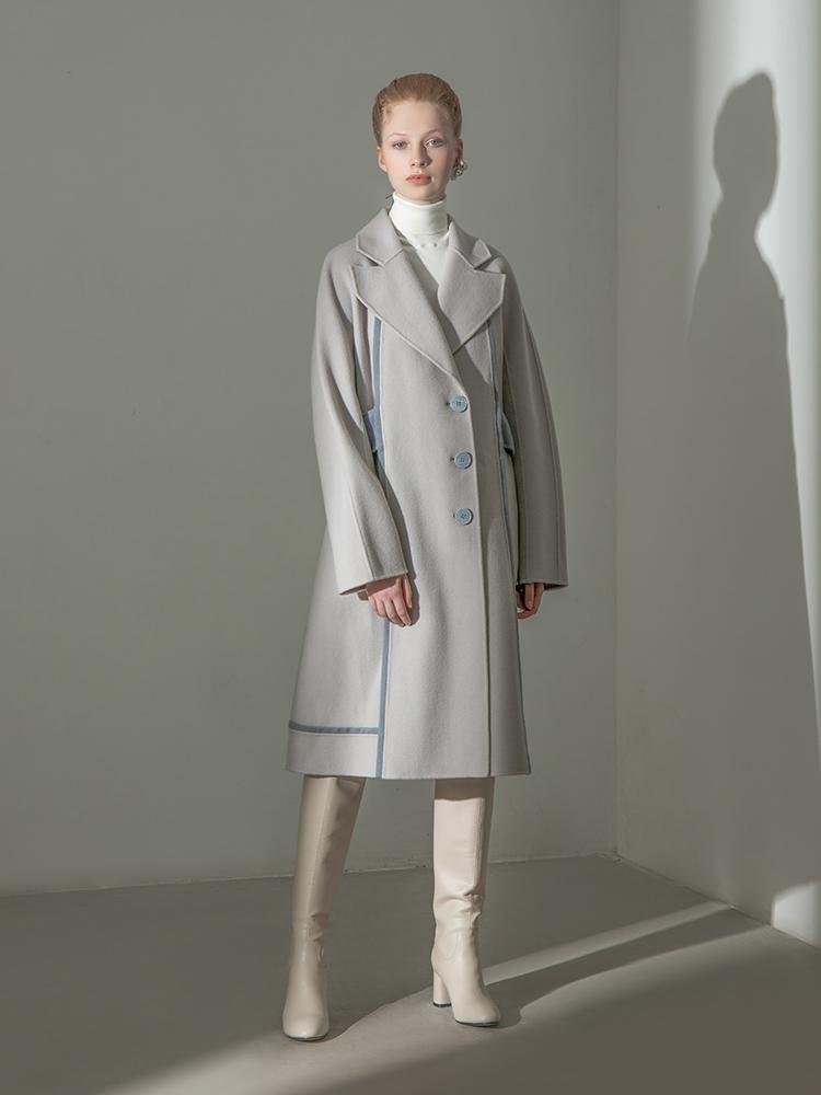 Color Block Wool Coat With Belt - BLANCORE