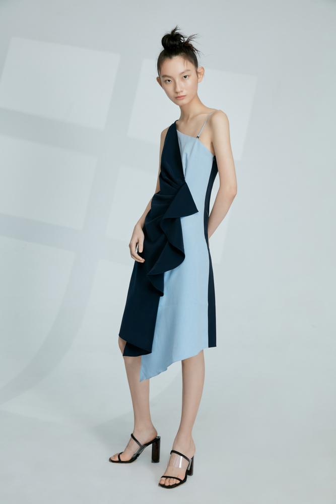 Color Block Wrap Dress With Ruffle - BLANCORE
