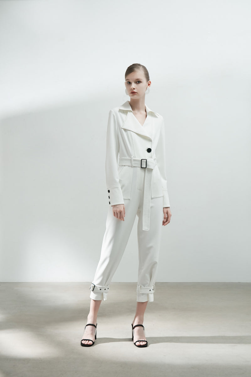 Contrast Top Stitch Jumpsuit With Belt - BLANCORE