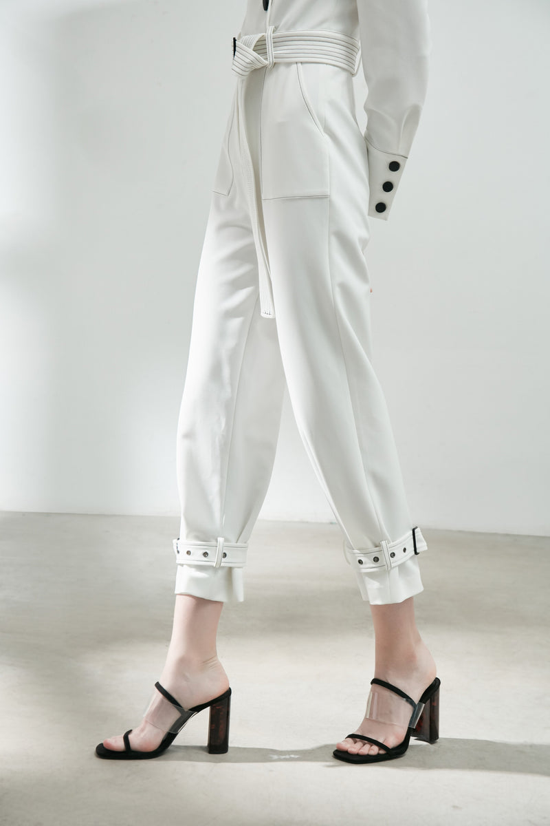 Contrast Top Stitch Jumpsuit With Belt - BLANCORE