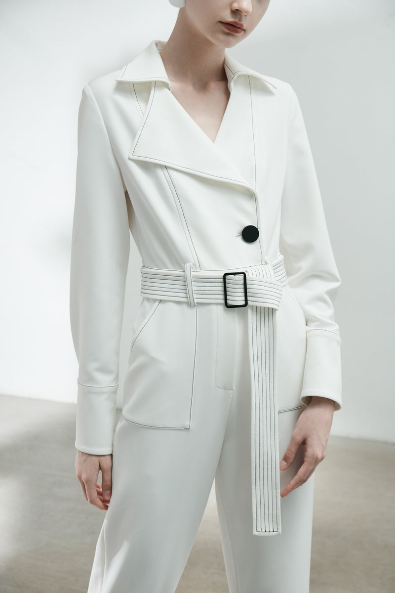 Contrast Top Stitch Jumpsuit With Belt - BLANCORE