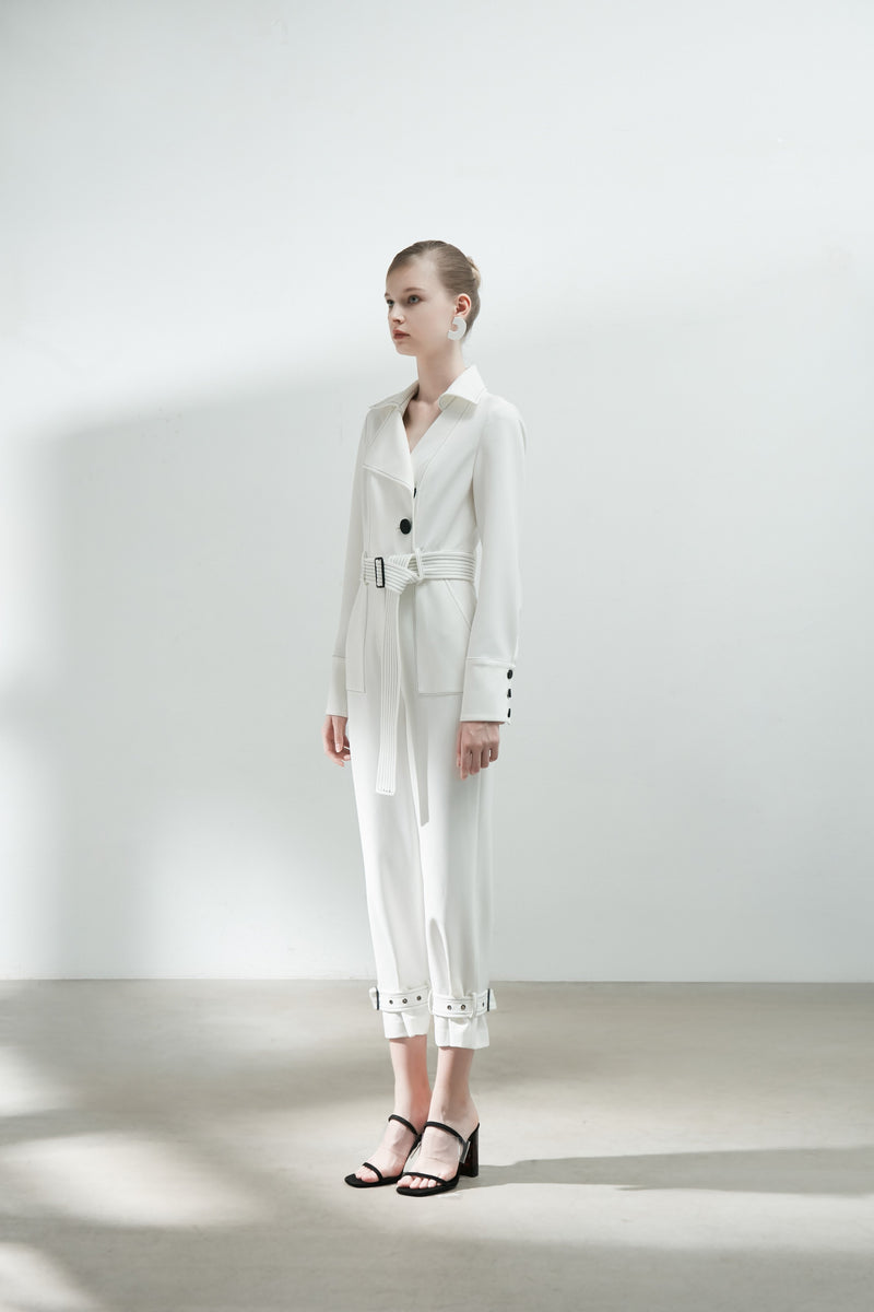 Contrast Top Stitch Jumpsuit With Belt - BLANCORE