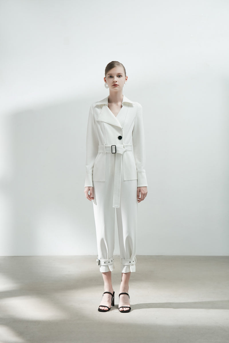 Contrast Top Stitch Jumpsuit With Belt - BLANCORE