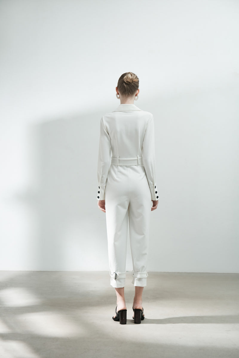 Contrast Top Stitch Jumpsuit With Belt - BLANCORE
