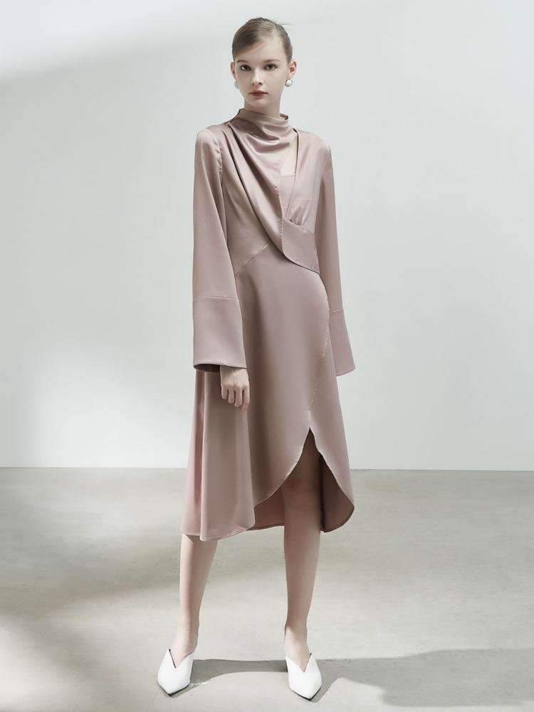 Deconstructed Standing Lapel Satin Split Dress - BLANCORE