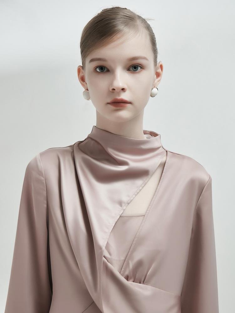 Deconstructed Standing Lapel Satin Split Dress - BLANCORE