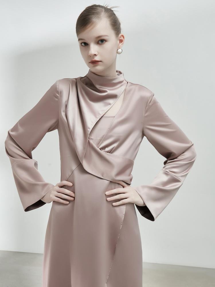 Deconstructed Standing Lapel Satin Split Dress - BLANCORE