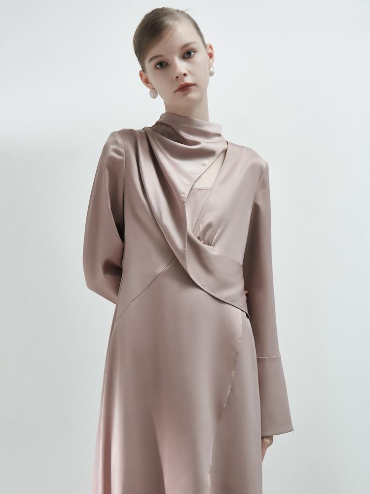 Deconstructed Standing Lapel Satin Split Dress - BLANCORE