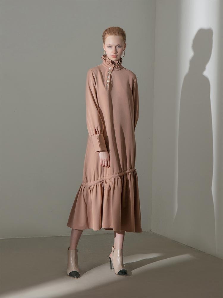 Gathering Standing Collar Dress - BLANCORE