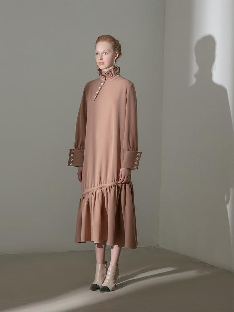 Gathering Standing Collar Dress - BLANCORE