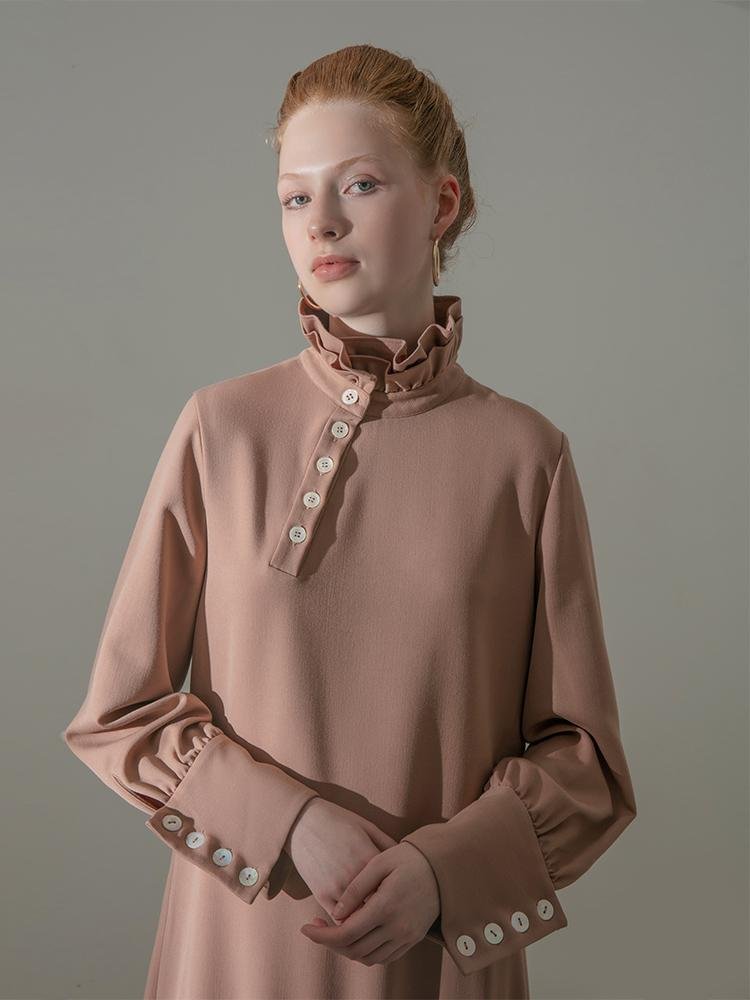 Gathering Standing Collar Dress - BLANCORE