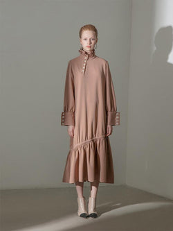 Gathering Standing Collar Dress - BLANCORE