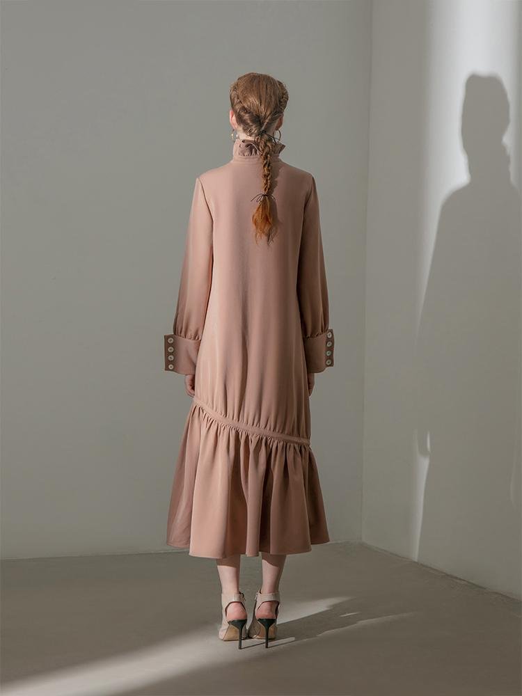 Gathering Standing Collar Dress - BLANCORE