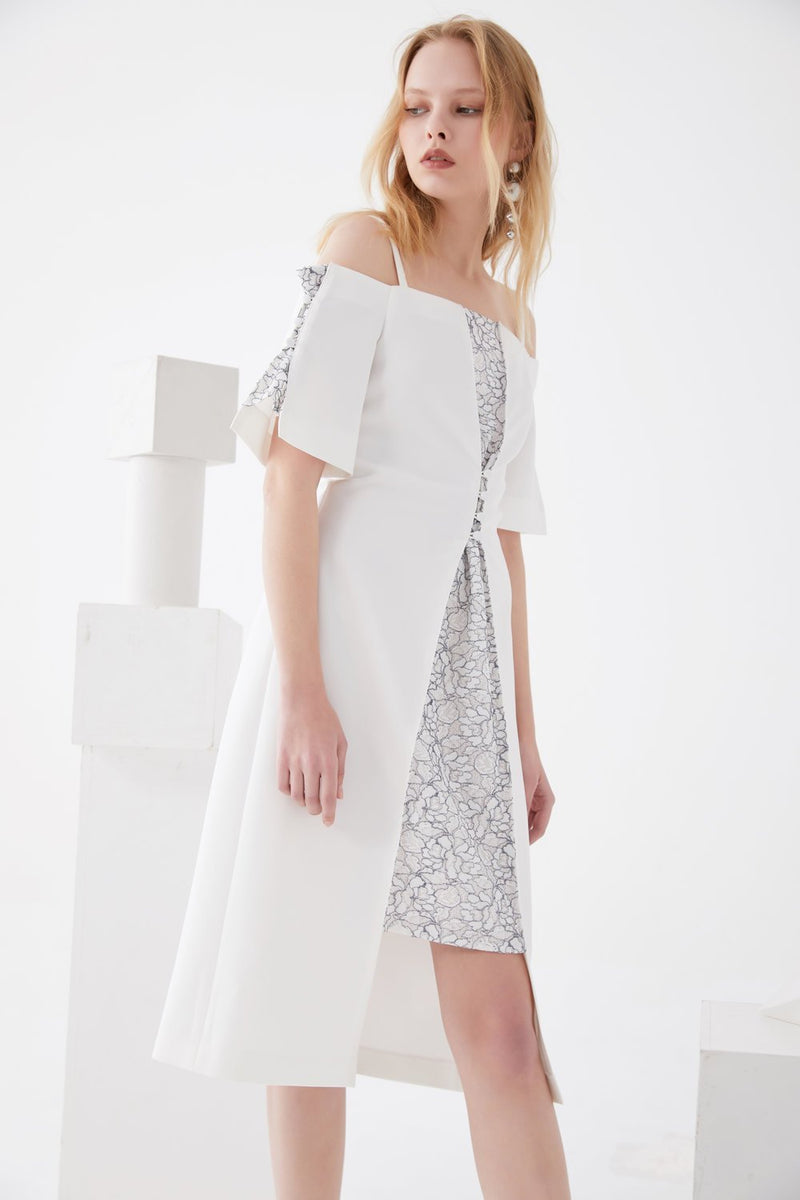 Lace Paneled Dress with Detailed Button - BLANCORE