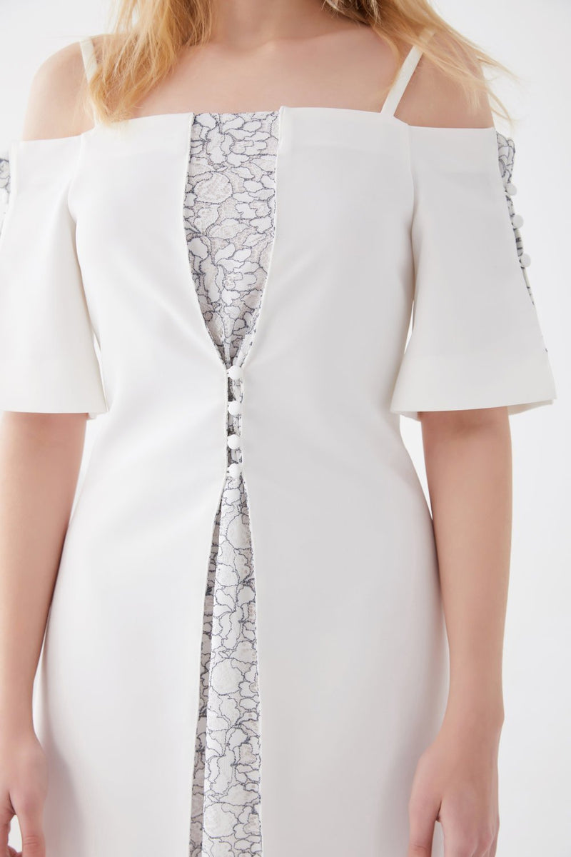 Lace Paneled Dress with Detailed Button - BLANCORE